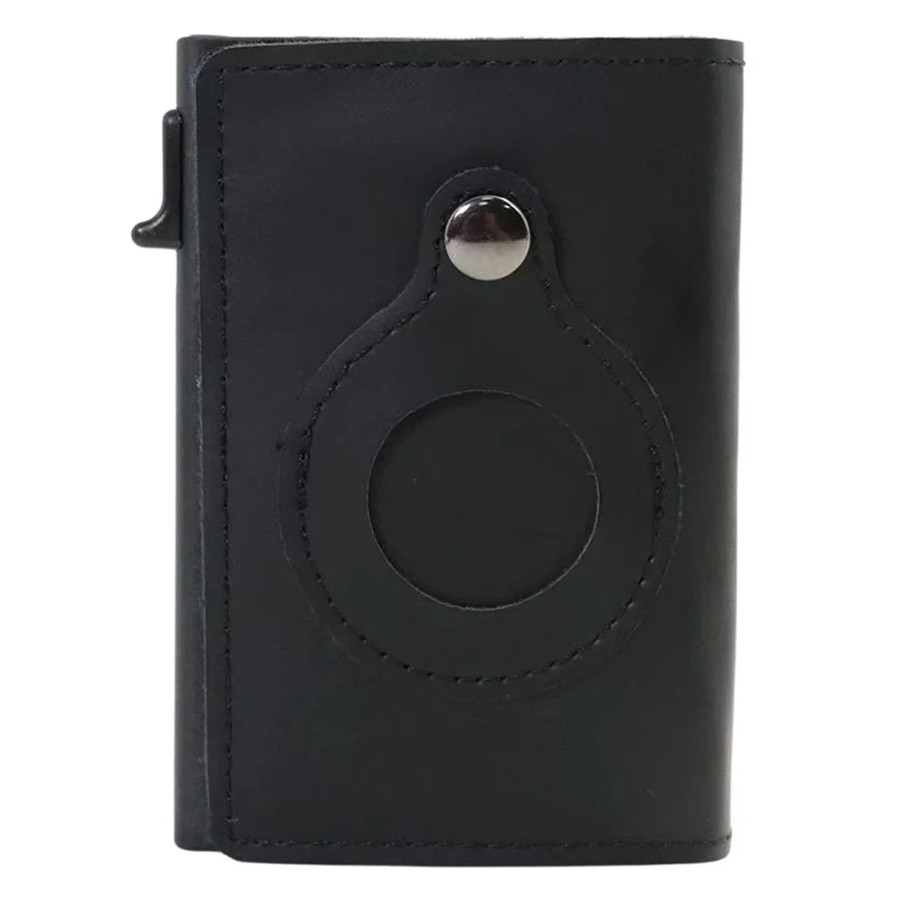 Bi-fold RFID Blocking Wallet for AirTag Genuine Cow Leather Aluminium Alloy Pop-Up Card Case - Black - 1