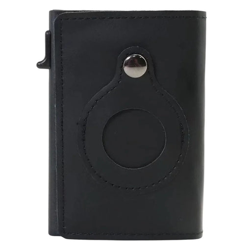Bi-fold RFID Blocking Wallet for AirTag Genuine Cow Leather Aluminium Alloy Pop-Up Card Case - Black - 1
