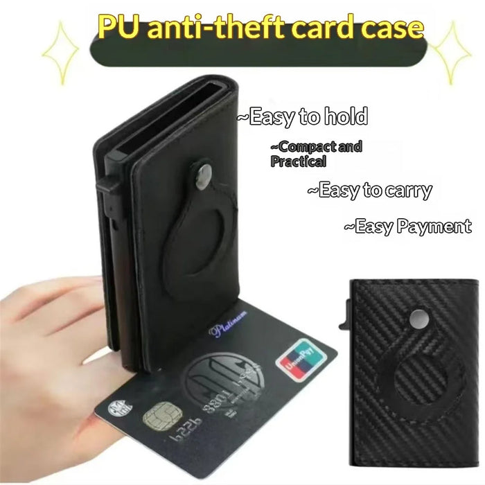 Bi-fold RFID Blocking Wallet for AirTag Genuine Cow Leather Aluminium Alloy Pop-Up Card Case - Black - 3