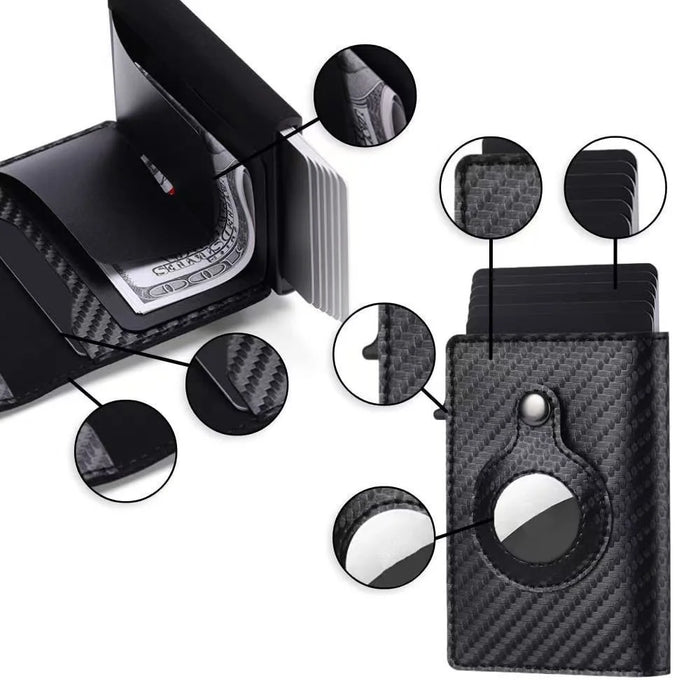 Bi-fold RFID Blocking Wallet for AirTag Genuine Cow Leather Aluminium Alloy Pop-Up Card Case - Black - 4