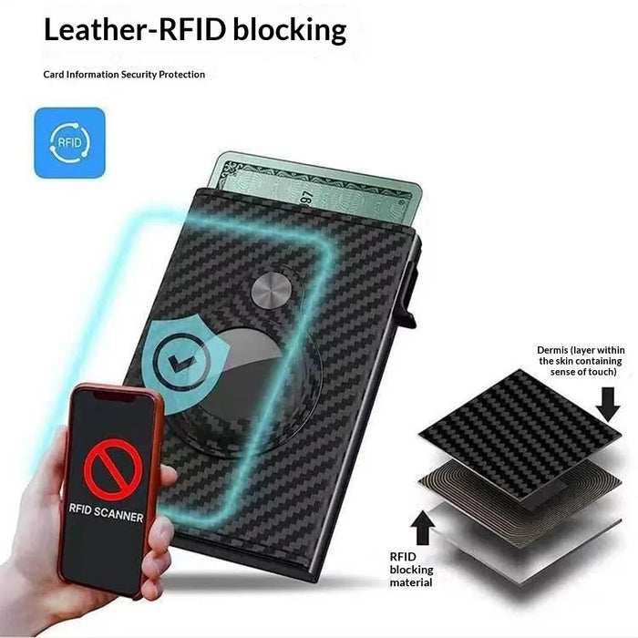 Bi-fold RFID Blocking Wallet for AirTag Genuine Cow Leather Aluminium Alloy Pop-Up Card Case - Black - 5