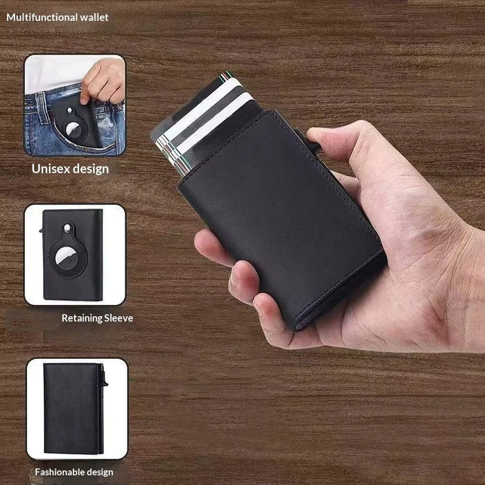 Bi-fold RFID Blocking Wallet for AirTag Genuine Cow Leather Aluminium Alloy Pop-Up Card Case - Black - 7