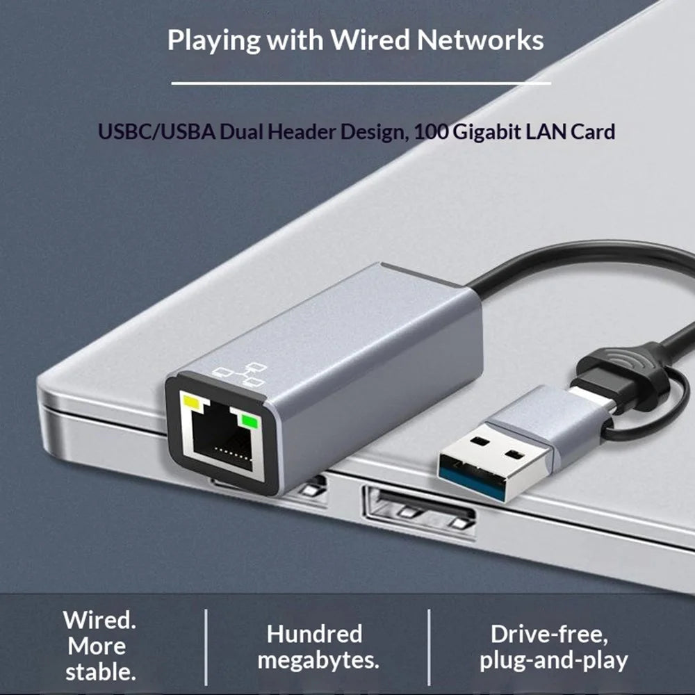 HC-72S USB-C / USB-A to RJ45 Ethernet Adapter 100Mbps LAN Network Converter for Laptop Phone Tablet - Grey - 6