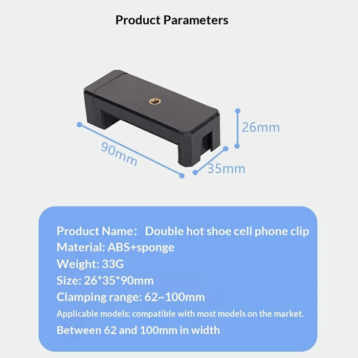 D010 Phone Clip Holder with Dual Hot Shoe Mount 1 / 4" Screw Thread for Live Streaming Tripod Stand - Black - 5