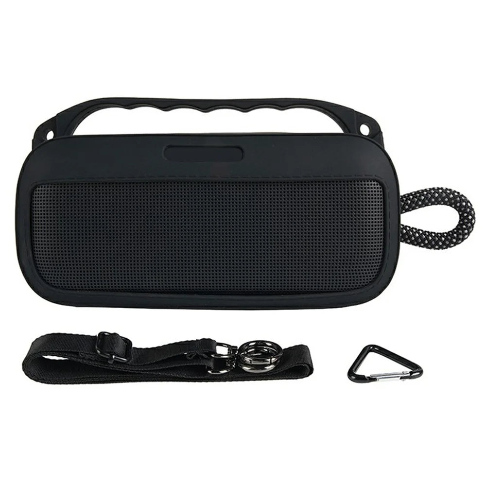 Silicone Case for Bose SoundLink Plus Speaker Dustproof Shockproof Portable Protective Cover with Carabiner Shoulder Strap - Black - 1