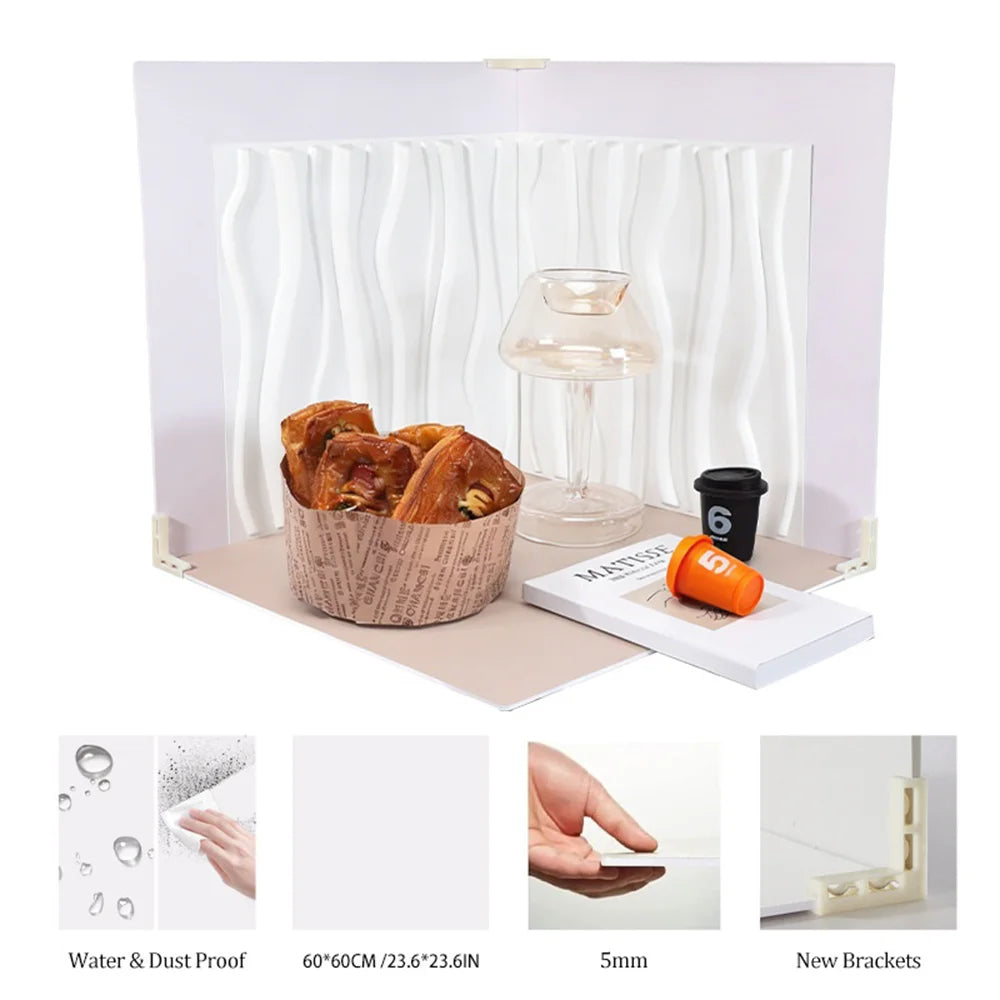 3D Textured Photography Background Board PVC Waterproof Backdrop Kit for Product Photo Shooting - Wave White - 6