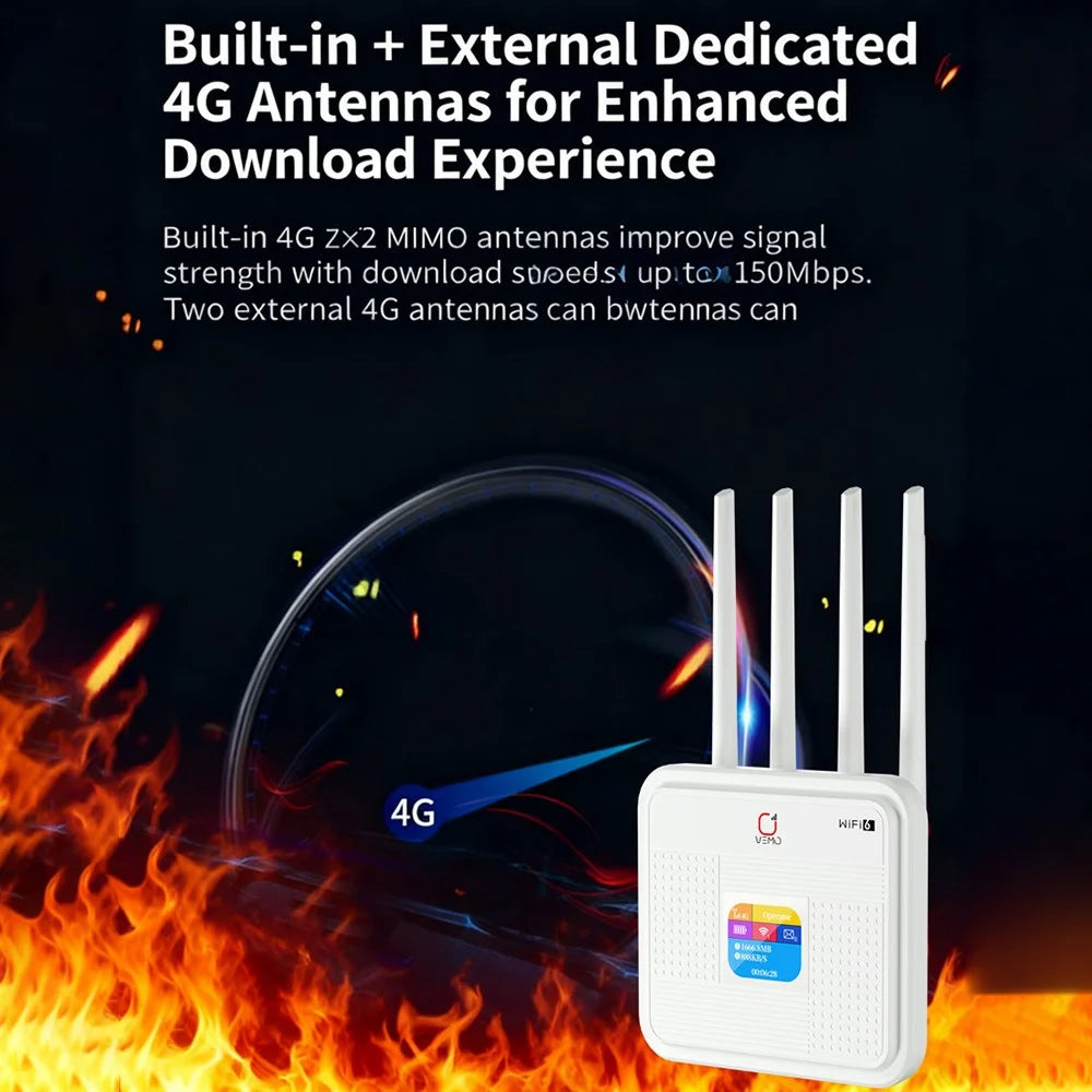 VEMO B312 4G LTE Router Built-in Battery HD Screen WiFi6 Wireless 4G Antennas Hotspot Home Office Router - EU & Asia Plug - 4