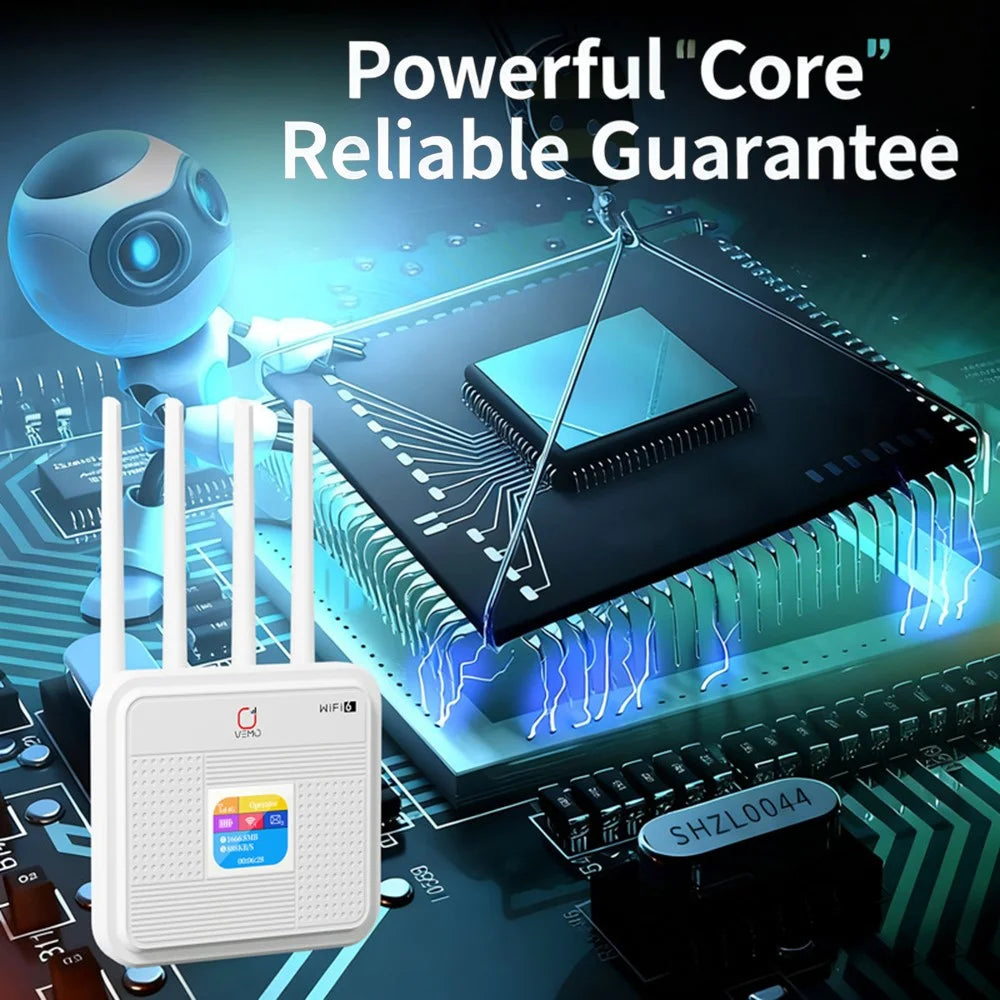 VEMO B312 4G LTE Router Built-in Battery HD Screen WiFi6 Wireless 4G Antennas Hotspot Home Office Router - EU & Asia Plug - 5