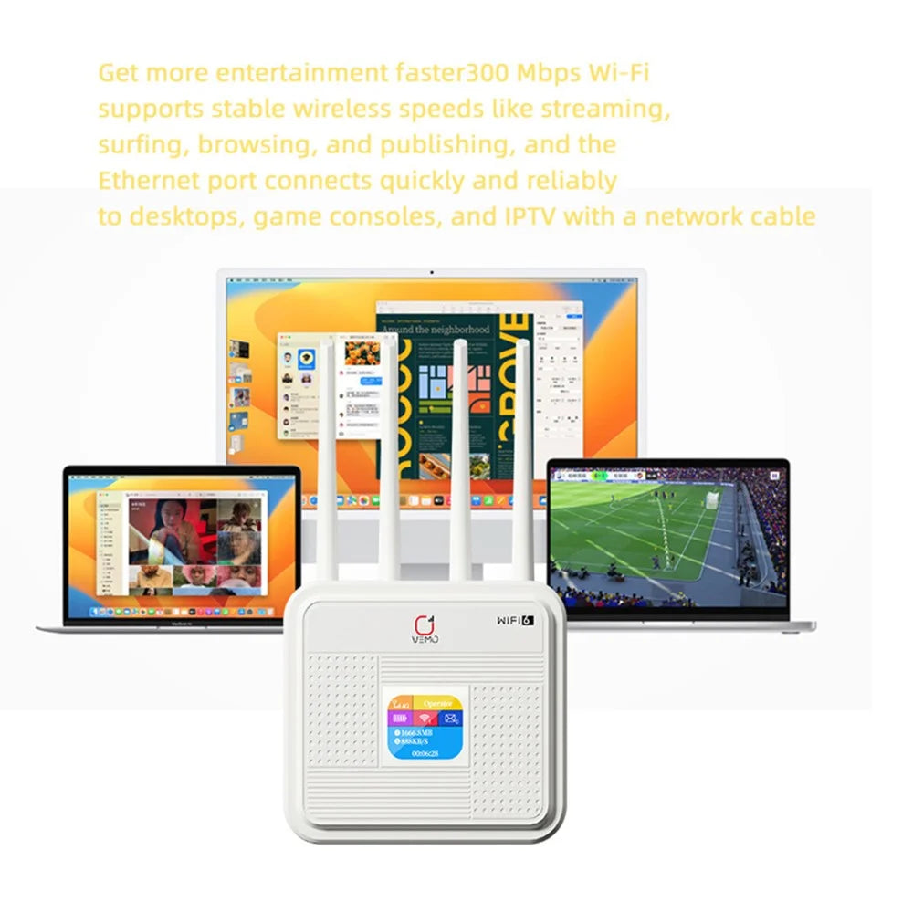 VEMO B312 4G LTE Router Built-in Battery HD Screen WiFi6 Wireless 4G Antennas Hotspot Home Office Router - EU & Asia Plug - 6