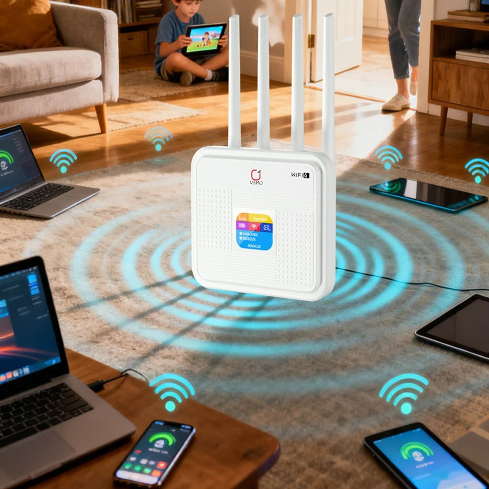 VEMO B312 4G LTE Router Built-in Battery HD Screen WiFi6 Wireless 4G Antennas Hotspot Home Office Router - EU & Asia Plug - 7