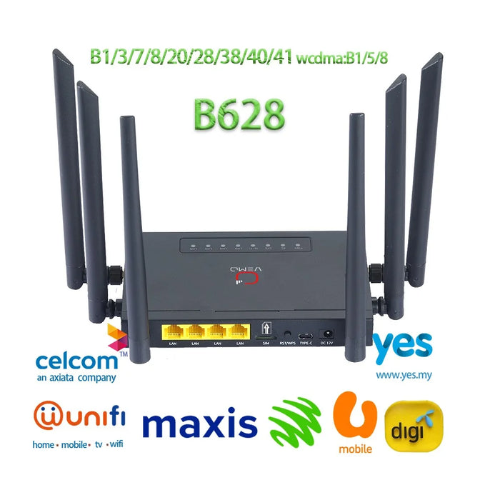 VEMO B628 4G LTE WiFi Router Cat.4 150Mbps 6 External Antennas Type-C Powered Global SIM Card Home Office Router - EU Plug - 4