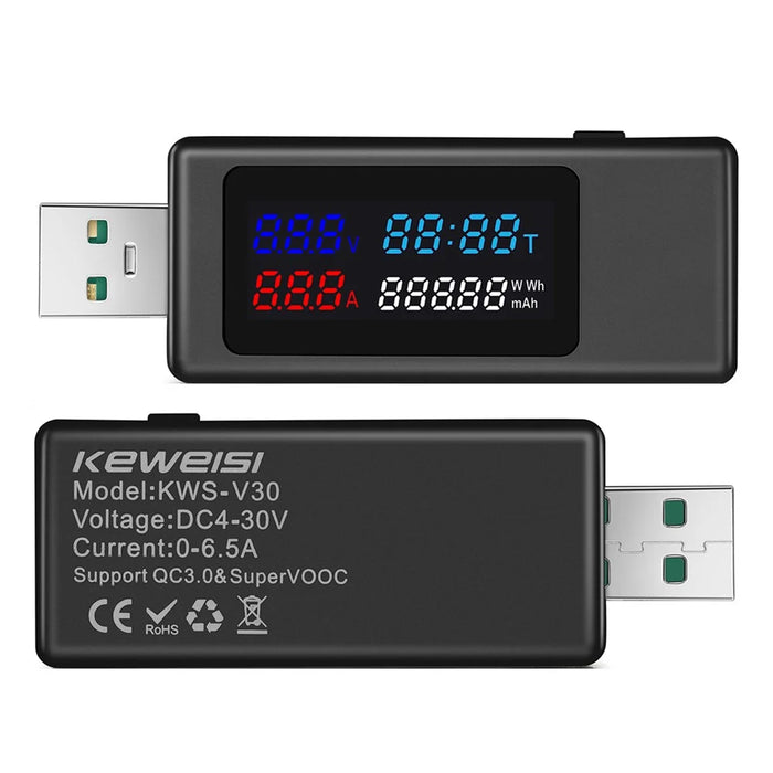 KWS-V30 6-in-1 USB Tester IPS Display DC Digital Voltage Power Timing Capacity Meter Detector - Black - 1
