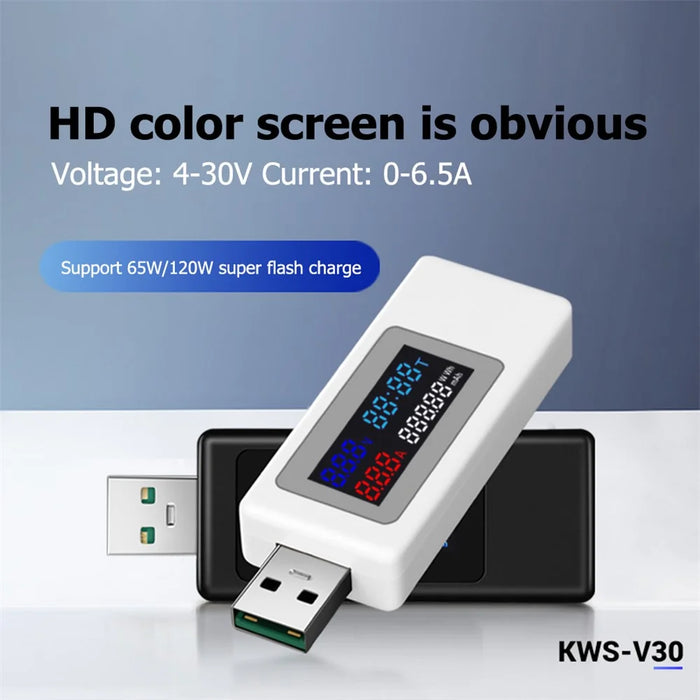 KWS-V30 6-in-1 USB Tester IPS Display DC Digital Voltage Power Timing Capacity Meter Detector - Black - 2