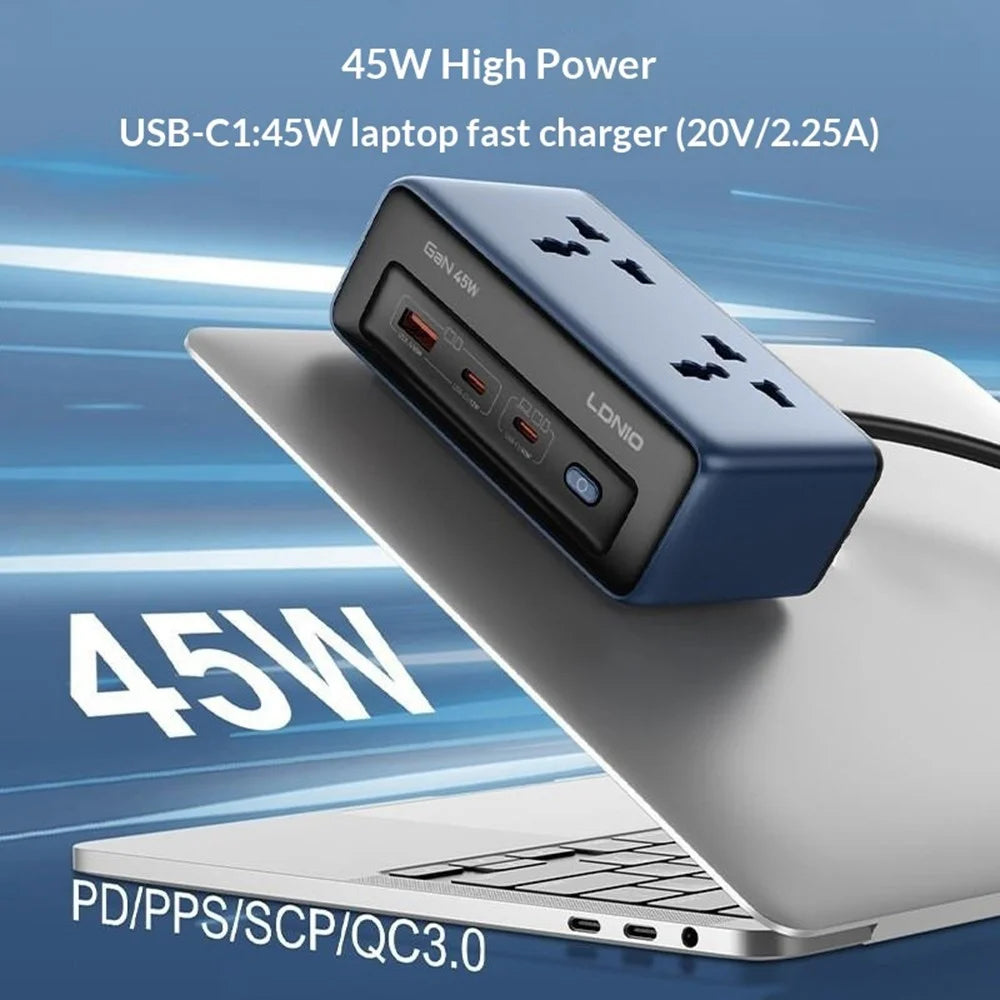 LDNIO SC1 5-in-1 GaN 45W Desktop Power Strip 2 AC Outlets 3 USB Ports USB-C PD Fast Charging Hub Station for Office Home - Blue  /  EU Plug - 2