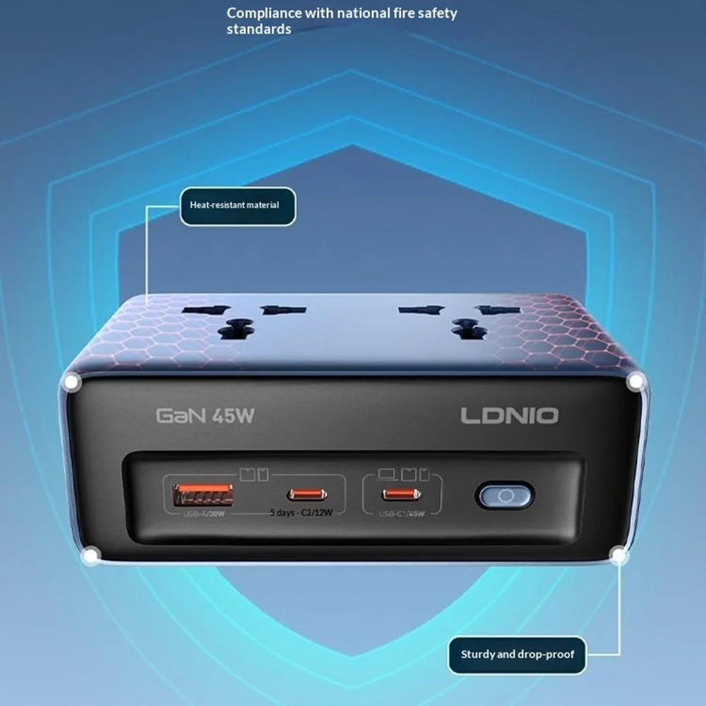 LDNIO SC1 5-in-1 GaN 45W Desktop Power Strip 2 AC Outlets 3 USB Ports USB-C PD Fast Charging Hub Station for Office Home - Blue  /  EU Plug - 7