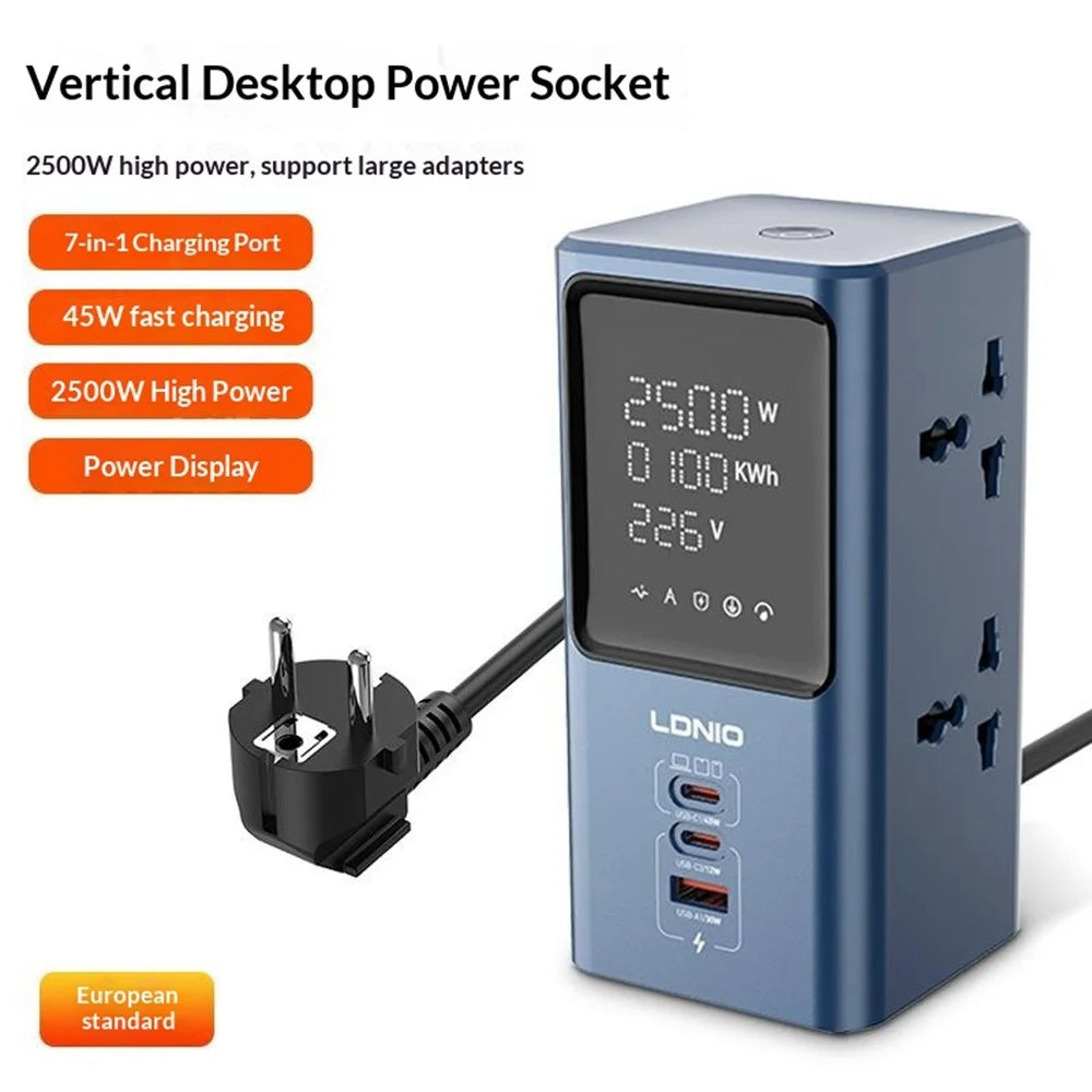 LDNIO SC2 7-in-1 Desktop Power Strip Station 4 AC Outlets 3 USB Ports 45W GaN USB Fast Charging Tower Socket for Office Home - Blue  /  EU Plug - 2