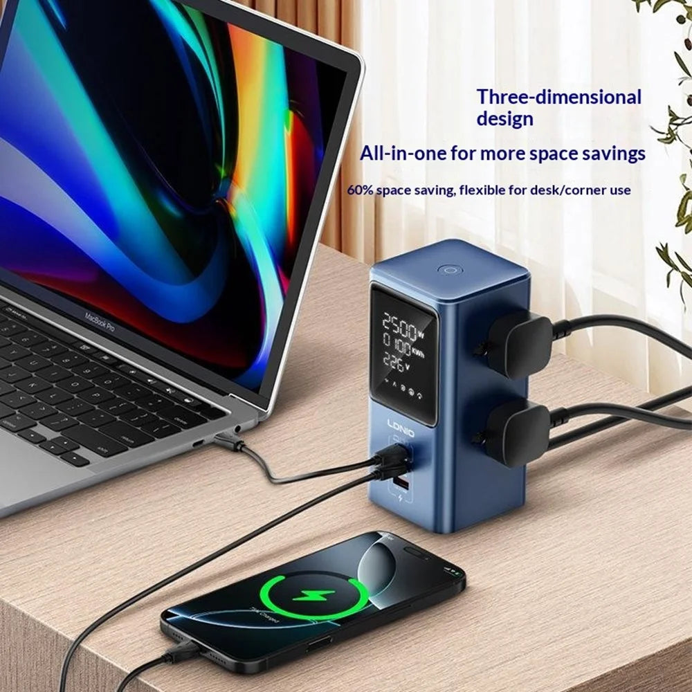 LDNIO SC2 7-in-1 Desktop Power Strip Station 4 AC Outlets 3 USB Ports 45W GaN USB Fast Charging Tower Socket for Office Home - Blue  /  EU Plug - 3