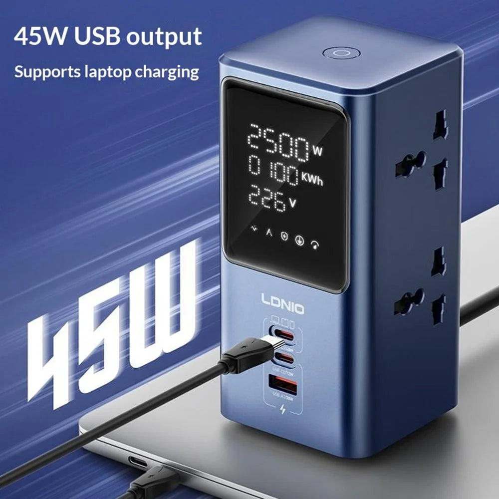 LDNIO SC2 7-in-1 Desktop Power Strip Station 4 AC Outlets 3 USB Ports 45W GaN USB Fast Charging Tower Socket for Office Home - Blue  /  EU Plug - 4