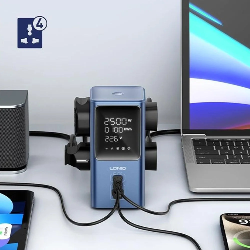 LDNIO SC2 7-in-1 Desktop Power Strip Station 4 AC Outlets 3 USB Ports 45W GaN USB Fast Charging Tower Socket for Office Home - Blue  /  EU Plug - 6