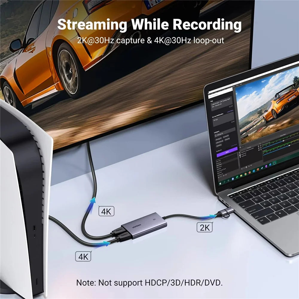 UGREEN CM726-25773 USB A / USB C 2 in 1 2K / 30Hz Video Capture Card with 4K HD Loop Out for Live Streaming Gaming - 3