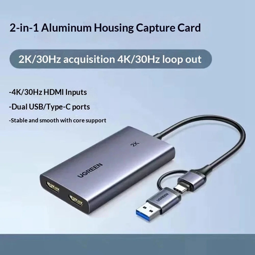 UGREEN CM726-25773 USB A / USB C 2 in 1 2K / 30Hz Video Capture Card with 4K HD Loop Out for Live Streaming Gaming - 4