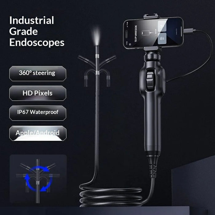 S43-OTG Industrial Endoscope with 2m Wire Cable 8.5mm Lens 360 Degree Rotating 2MP Borescope Camera for Pipeline Car Repair - Black - 2