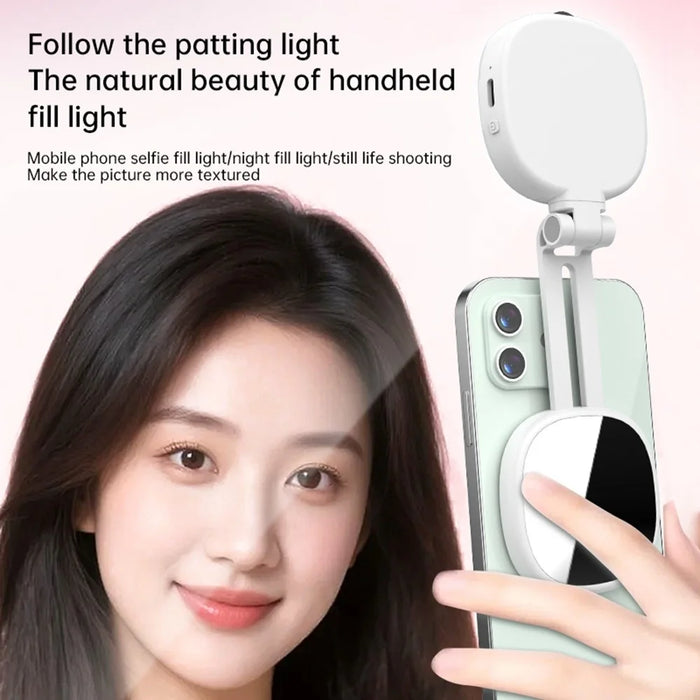 K04 Magnetic Selfie Ring Light with Mirror Foldable LED Fill Light Adjustable Brightness Phone Stand for Live Streaming - White - 4