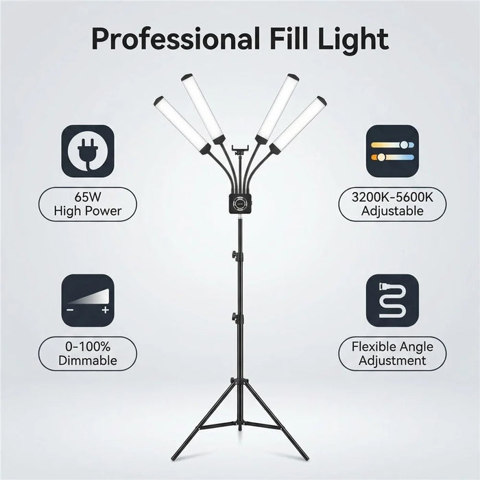 HD-150XJ 4-Arm Fill Light 3200K-5600K Adjustable Remote Control 65W LED Photography Light for Beauty Live Streaming - Black - 2