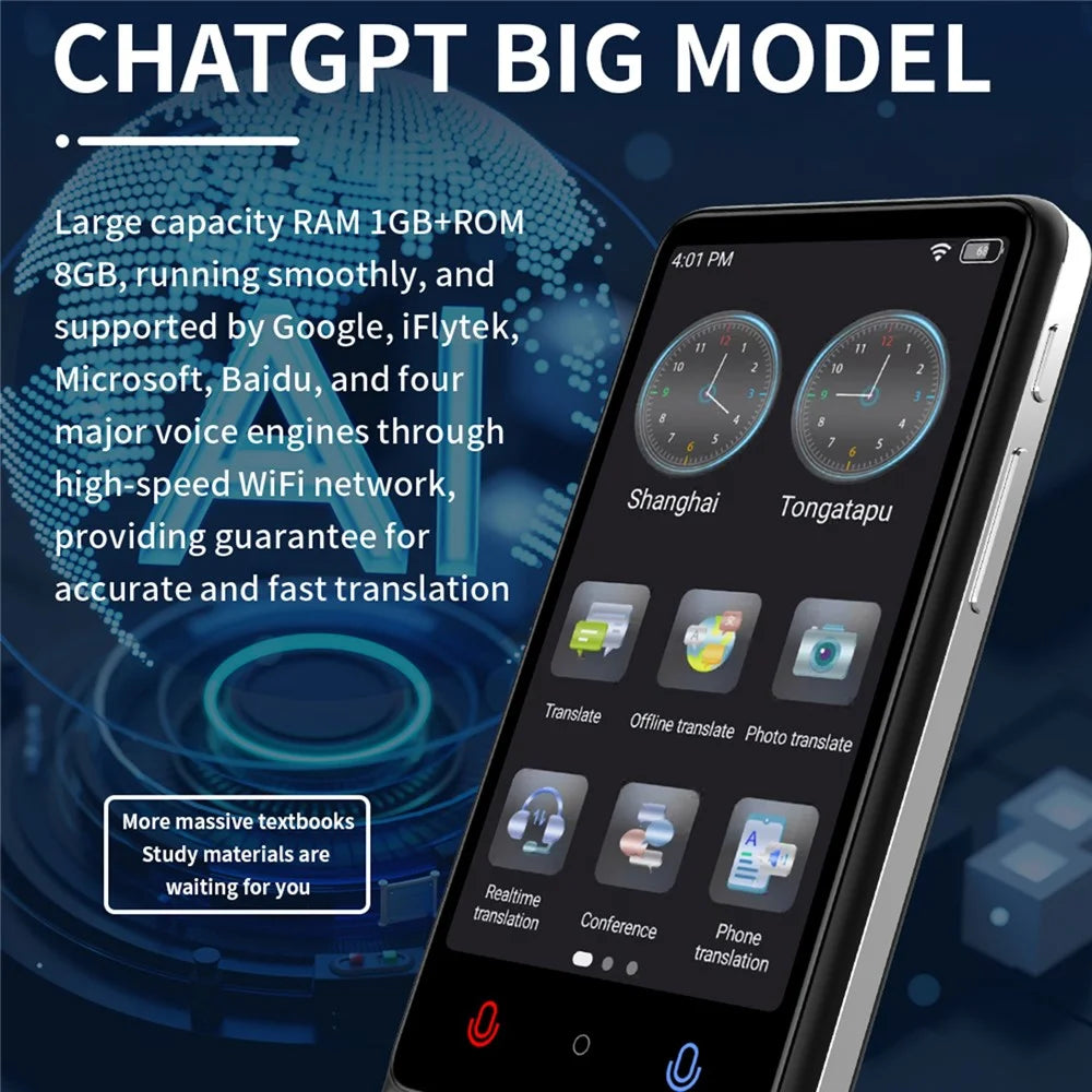 M12 4.01 Inch Intelligent Voice Translator 1GB+16GB Storage 137 Languages WiFi Photo Recording AI Translation Device - Black - 4