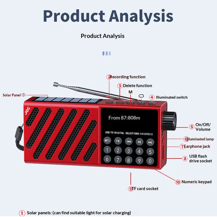 JOC H6138REC-S Solar Powered Digital Radio Bluetooth-compatible FM Recorder with Emergency Light - Red - 2