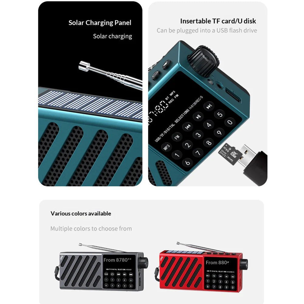 JOC H6138REC-S Solar Powered Digital Radio Bluetooth-compatible FM Recorder with Emergency Light - Red - 3