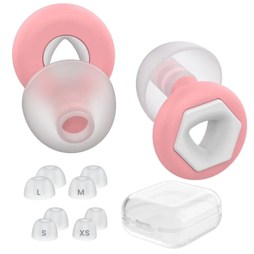 AHASTYLE NE25 4 Pairs Hexagonal Earplugs for Sleeping Noise Reduction Silicone Ear Plugs, XS / S / M / L - Pink+White - 1
