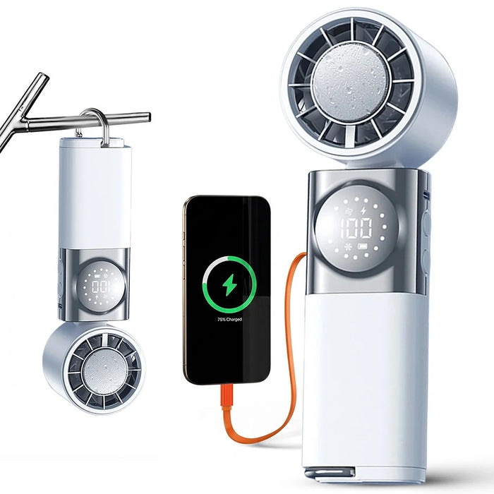 X80 Semiconductor Cooling Handheld Fan 100-Speed Adjustable Digital Display Pocket Fan with Power Bank Function - White - 1