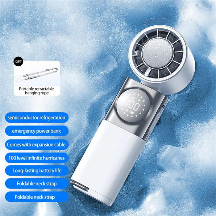 X80 Semiconductor Cooling Handheld Fan 100-Speed Adjustable Digital Display Pocket Fan with Power Bank Function - White - 4