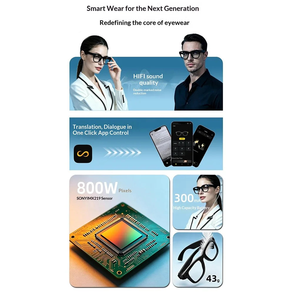 T100 Smart Glasses 8MP Camera AI Voice Assistant Translation Music Photo Anti-shake Dual Mic Eyeglasses -Black - 3