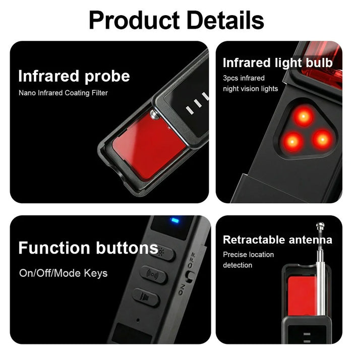 DT01 Wireless Signal Detector Hidden Camera Locator Anti-Spy RF Bug Finder GPS Tracker Detector - Black - 6
