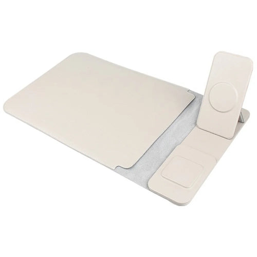 S112 3-in-1 Multifunctional PU Leather Laptop Sleeve with Magnetic Wireless 15W Fast Charging Pad Stand for Phone Earbuds - Grey - 1