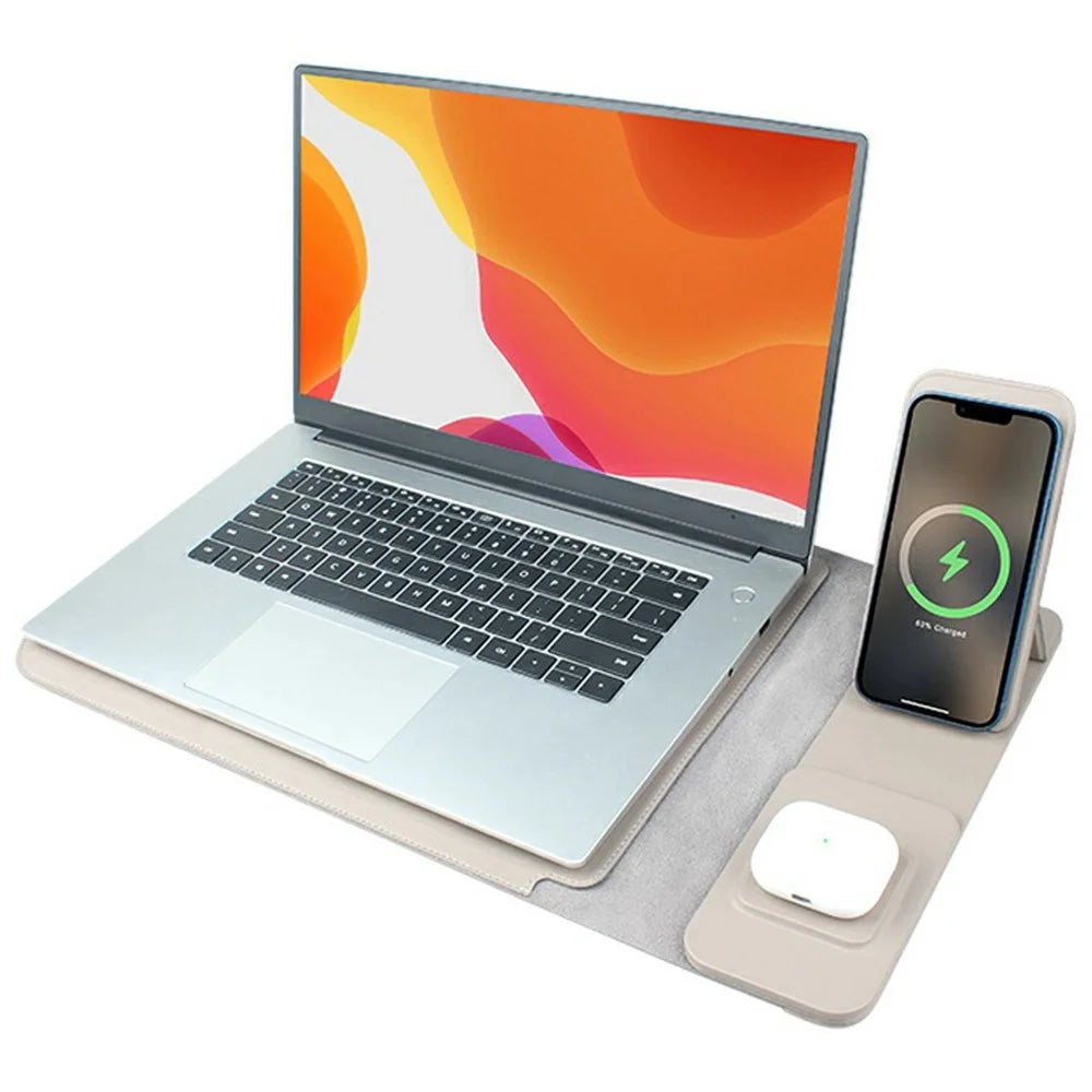 S112 3-in-1 Multifunctional PU Leather Laptop Sleeve with Magnetic Wireless 15W Fast Charging Pad Stand for Phone Earbuds - Grey - 2