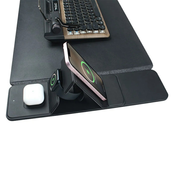 S111 3-in-1 Magnetic Wireless Charger Office Desktop Pad 15W Fast Charging Mouse Pad for Phone Watch Earbuds - Black - 6