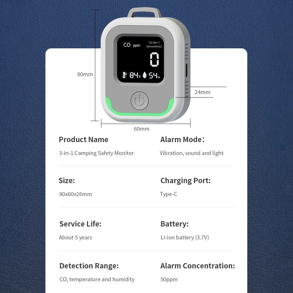 HD-600 Carbon Monoxide Detector 3 in 1 50PPM Alarm CO Detector Temperature Humidity Monitor for Camping RV - 7