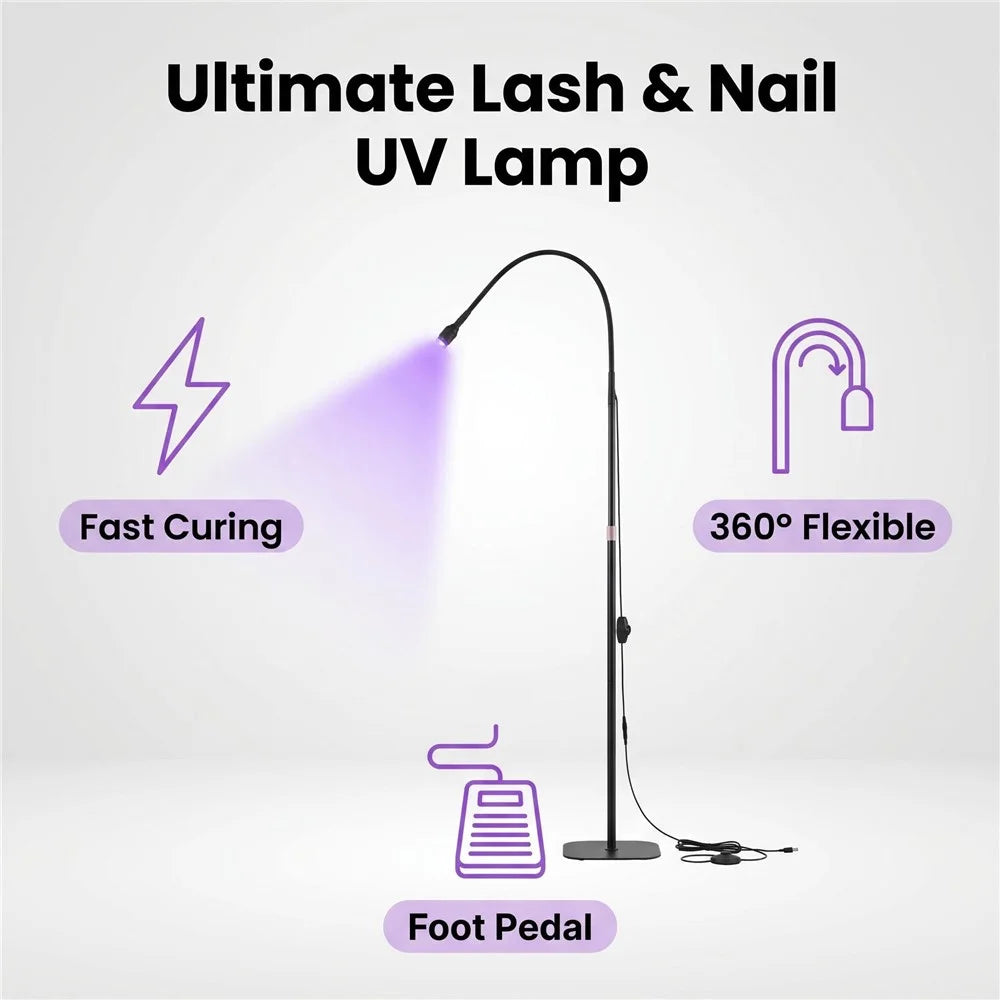 HD-AL70 5W UV LED Curing Lamp with Foot Pedal 360 Degreee Adjustable Gooseneck Floor Stand Nail Light for Eyelash Extensions Nail Art - Black - 3