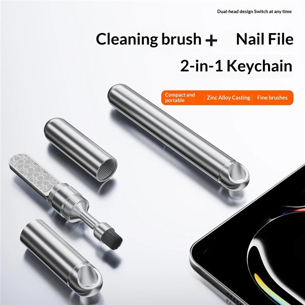 CS-04 2-in-1 Keychain Cleaning Brush Nail File Tool Set Zinc Alloy Portable Phone Dust Cleaner Metal Grinder Tool Kit - Silver - 2
