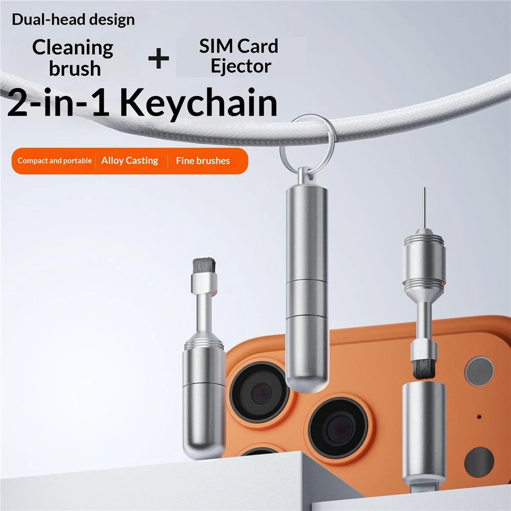 CS-01 2-in-1 SIM Card Ejector Tool Portable Aluminum Alloy Keychain Cleaning Brush Phone Speaker Dust Removal Kit - Silver - 7