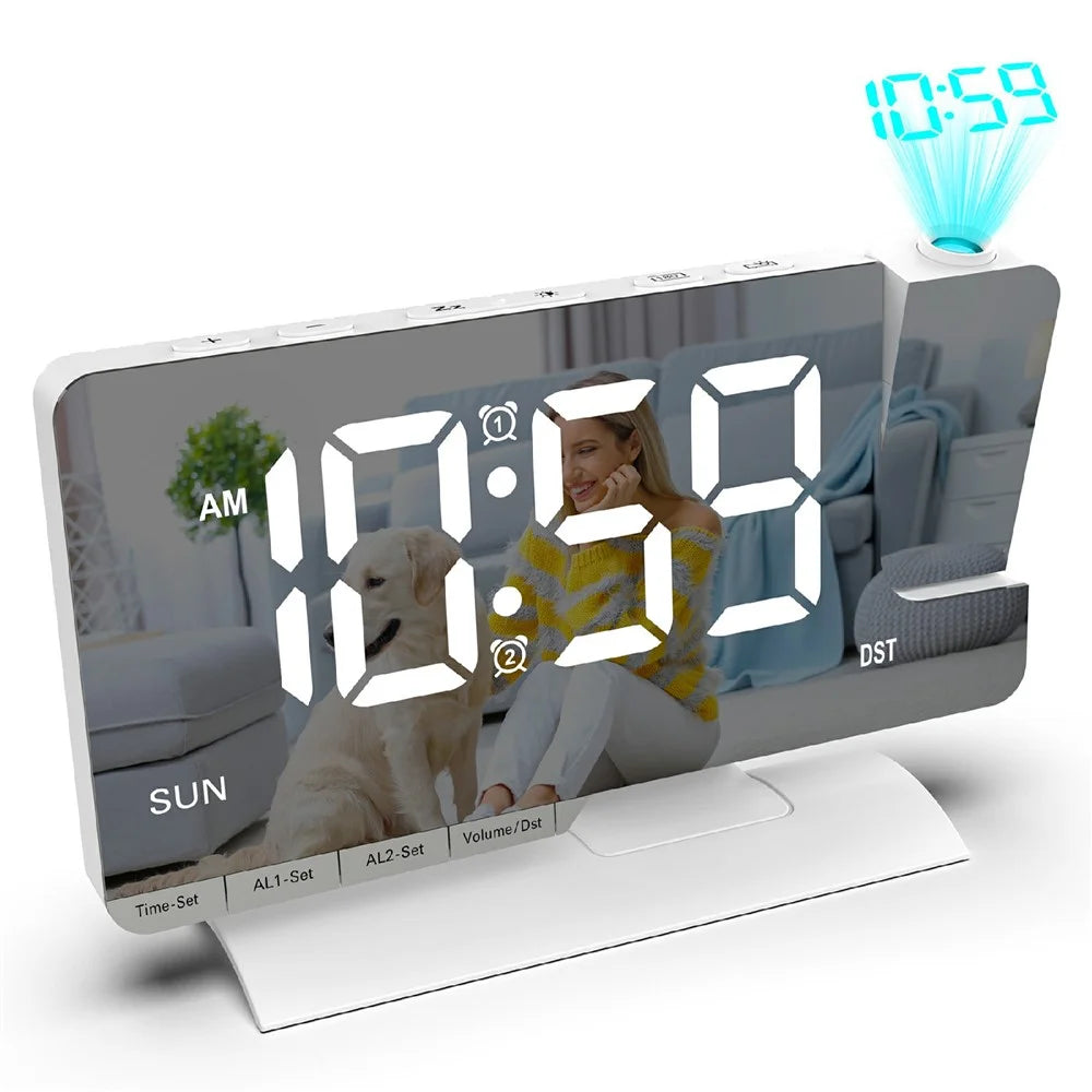 EN8836-C Large Screen LED Projection Clock 180 Degree Rotation Dual Alarms DST Desktop Digital Clock with Mirror Display for Bedroom Office - White Shell  /  White Word - 1