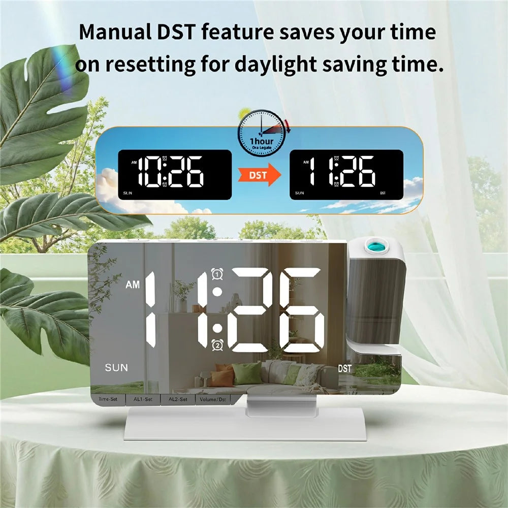 EN8836-C Large Screen LED Projection Clock 180 Degree Rotation Dual Alarms DST Desktop Digital Clock with Mirror Display for Bedroom Office - White Shell  /  White Word - 2