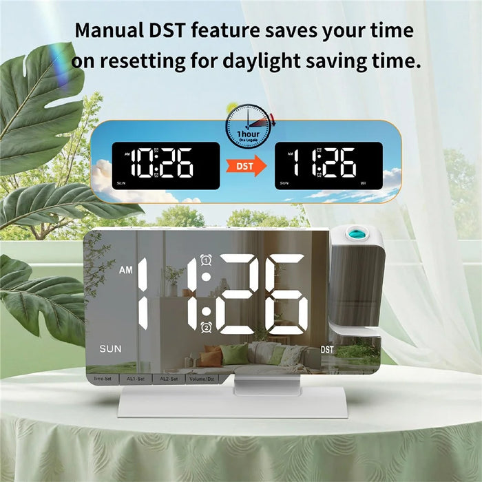 EN8836-C Large Screen LED Projection Clock 180 Degree Rotation Dual Alarms DST Desktop Digital Clock with Mirror Display for Bedroom Office - White Shell  /  White Word - 2