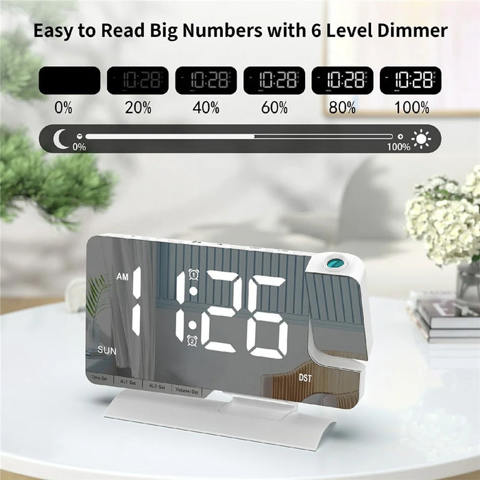 EN8836-C Large Screen LED Projection Clock 180 Degree Rotation Dual Alarms DST Desktop Digital Clock with Mirror Display for Bedroom Office - White Shell  /  White Word - 3