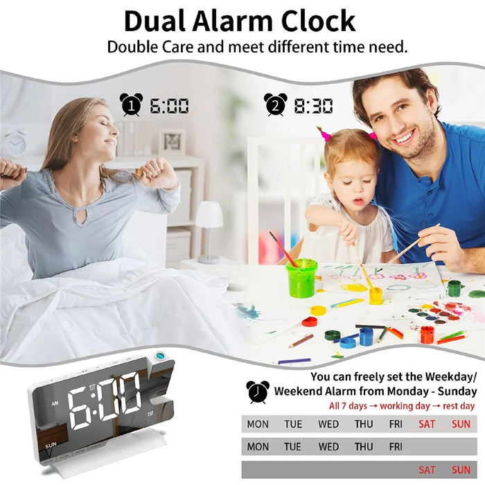 EN8836-C Large Screen LED Projection Clock 180 Degree Rotation Dual Alarms DST Desktop Digital Clock with Mirror Display for Bedroom Office - White Shell  /  White Word - 4