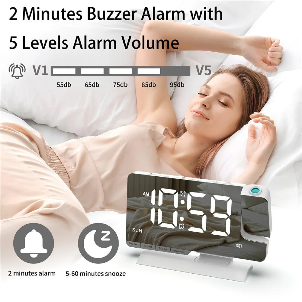 EN8836-C Large Screen LED Projection Clock 180 Degree Rotation Dual Alarms DST Desktop Digital Clock with Mirror Display for Bedroom Office - White Shell  /  White Word - 5