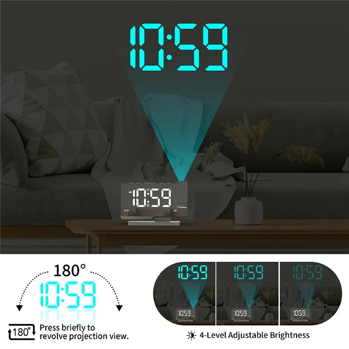 EN8836-C Large Screen LED Projection Clock 180 Degree Rotation Dual Alarms DST Desktop Digital Clock with Mirror Display for Bedroom Office - White Shell  /  White Word - 6